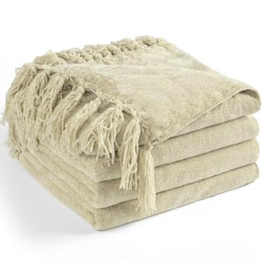 Imagem de LONG CREATE Cobertor de chenille para sofá 127 cm x 152 cm, mantas macias e aconchegantes com franja para cama de sofá e cadeira, cobertores boho decorativos de malha leve para sala de estar, bege