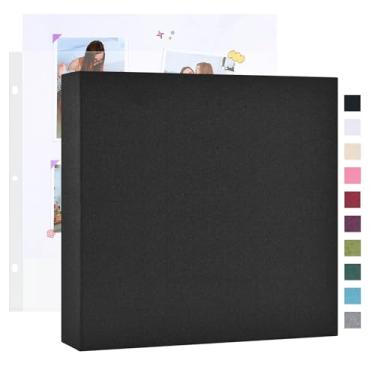 Imagem de Mublalbum Álbum de fotos faça você mesmo com 3 anéis, 25 x 25 cm, com 20 capas de plástico, 40 páginas, capa de linho, fichário para bebê, viagem, casamento, aniversário e projetos DIY (preto)