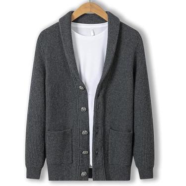 Imagem de Suéter De Lã Pura Para Homens, Cardigan De Tricô Com Gola De Frutas Verde, Cardigan De Tricô De Cabo, Sobretudo De Malhas Com Botão De Gola Xale, Gris, XL
