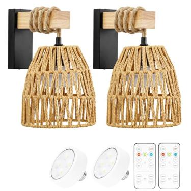 Imagem de Acoji Arandelas De Parede Operadas Por Bateria, Conjunto De 2 Arandelas Sem Fio Boho De Vime Com Controle Remoto, Ideal Para Quarto, Sala De Estar, Entrada – Arandela De Parede Led