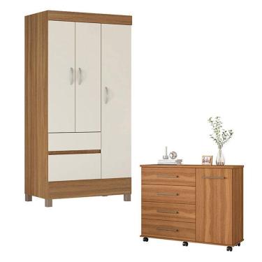 Imagem de Cômoda e Guarda Roupa Solteiro Flora Wind 7 Portas 6 Gavetas em MDP com Corrediças Tele...
