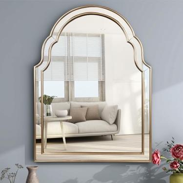Imagem de SHYFOY Espelho de parede marroquino de 60 x 80 cm com moldura dourada, espelho decorativo para sala de estar, quarto ou banheiro