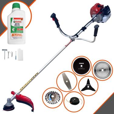 Imagem de Roçadeira À Gasolina Kawashima BCJ521-L 52cc Com Lâmina 2 Pontas e Carretel + Facas 3 Pontas, 40 Dentes Vídea, 80 Dentes, Escova de Aço + ÓLEO STIHL
