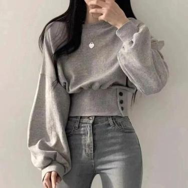 Imagem de Top Cropped Feminino De Outono, Gola Redonda, Slim, Manga Lanterna, Bo