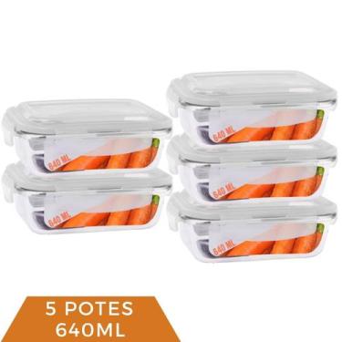 Imagem de 5 Pote Vidro 640ml Marmita Fitness Tampa Hermética 4 Travas - Casa Lin