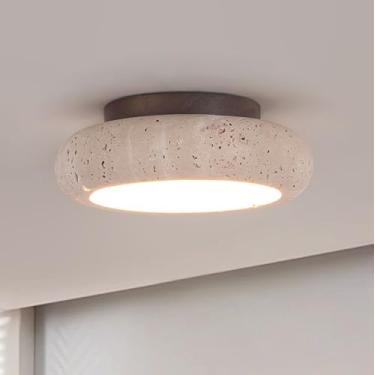 Imagem de WOSBO Luz de teto travertino amarelo, luz de teto moderna de meados do século 20 cm com abajur redondo de pedra travertino wabi sabi luminária estilo japonês para quarto, sala de estar, cozinha, ilha