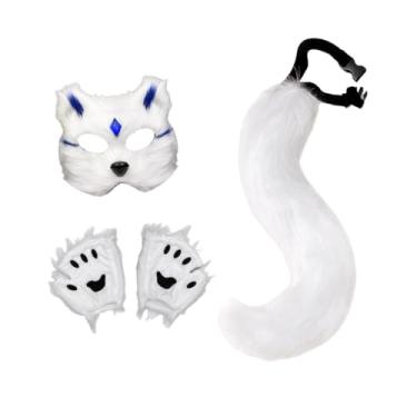 Imagem de kowaku Conjunto de máscara e cauda de animal, máscara de gato lobo para boate, fantasia de festa de Halloween, Chip Azul Branco