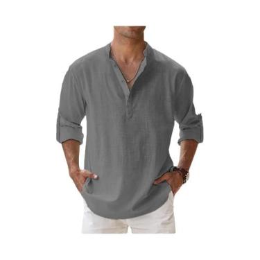 Imagem de Camisas De Verão Casuais Masculinas Em Algodão E Linho Com Gola Henley