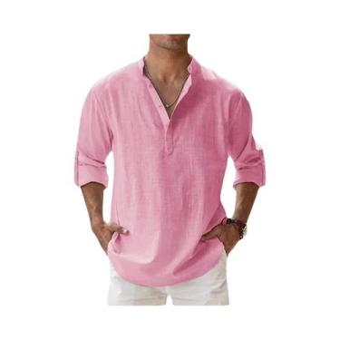 Imagem de Camisas De Verão Casuais Masculinas Em Algodão E Linho Com Gola Henley