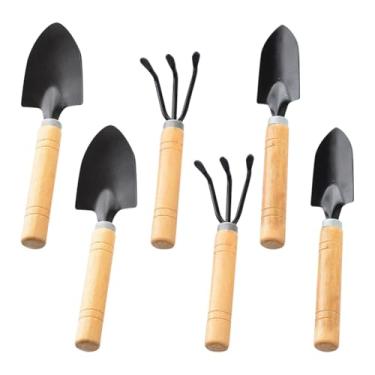 Imagem de Conjunto de 6 peças pequenas de ferramentas de jardinagem mini pá de mudas suculentas ancinho de metal espátulas de jardim interno pá de plantio curta pá de ervas bonsai com cabo de madeira para