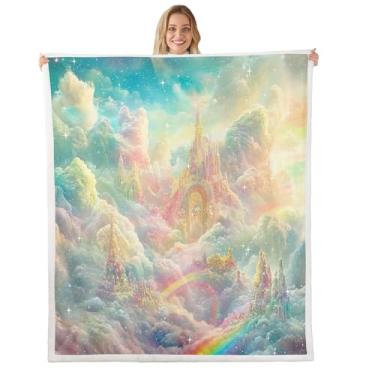 Imagem de jejeloiu Cobertor de lã Dream Castle para crianças, meninas, solteiro, 152,4 x 203,2 cm, rosa, azul, castelo com estampa de nuvem, manta sherpa, felpudo, ultramacio, arco-íris para cama, sofá, cadeira