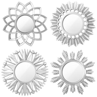 Imagem de Dandat Conjunto de 4 espelhos dourados para decoração de parede pequenos círculos flores espelhos decorativos prateados arte de parede espelho de flores para casa sala de jantar quarto banheiro