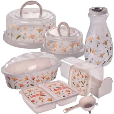 Imagem de Kit 7 PEÇAS - Boleira c/ base de Rosca + Queijeira c/ base de Rosca + Porta Pães oval c/ tampa Incolor + Porta Torradas c/ Gaveta Deslizante + Porta Frios c/ 2 Divisórias Independentes + Garrafa para Água e Suco Paris 1,8L + Peneira com Funil de Rosca - Marmorizado Decorado estilo Floral Plasútil