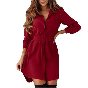 Imagem de Moda feminina casual lapela cor sólida single-breasted vestido de cint
