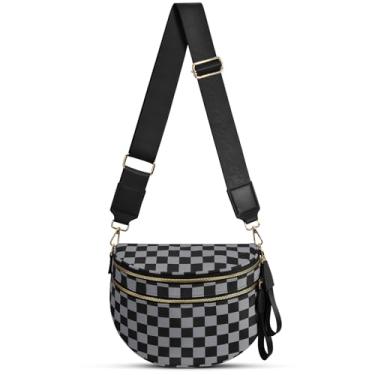 Imagem de Bolsa transversal de nylon quadriculada para mulheres, pochete espaçosa, bolsa transversal quadriculada para cinto, Xadrez cinza escuro, 12.2 x 5.51 x 8.66 inches, Moderno