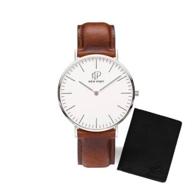 Imagem de Relógio Masculino Redondo Marrom Casual + Carteira Couro - New Port