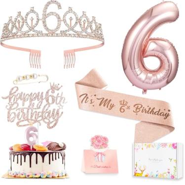 Imagem de Decorações de aniversário de 6 anos para meninas, incluindo topo de bolo de aniversário de 6 anos, faixa de rainha de aniversário com pino de pérola, coroa de tiara de strass doce, conjunto de velas e balões, ouro rosa