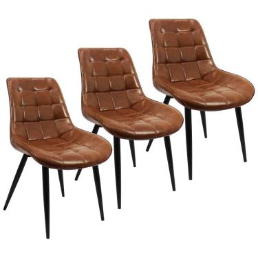 Imagem de Kit 3 Cadeiras Romana Provence Poltrona Estofada Pu Vintage Retro Pés Preto - Marrom