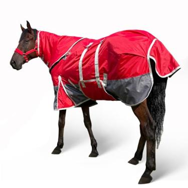 Imagem de Cobertores de cavalo para inverno 1800D impermeável peso médio (enchimento de algodão 280 g) cobertor de cavalo com cobertura de pescoço alças de perna envoltório de barriga (193 cm)