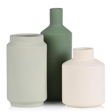 Imagem de Conjunto de 3 vasos de cerâmica - vasos neutros modernos para decoração de casa, vasos de flores pequenos de cerâmica, vaso rústico de fazenda para prateleira, mesa de entrada, cornija de mesa