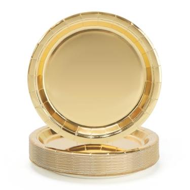 Imagem de UVTQSSP 50 peças de pratos de festa, conjuntos de pratos de jantar de papel descartáveis dourados de 23 cm, suprimentos de festa para aniversário, chá de bebê, casamento, piquenique