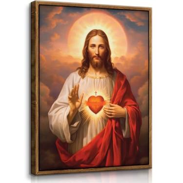 Imagem de QGNBGBJ Arte de parede de Jesus emoldurada marrom Sagrado Coração de Jesus Decoração de parede Imagem Divina Misericórdia Impressão em tela Retrato de Cristo Arte Religiosa Cristã para Sala de Estar
