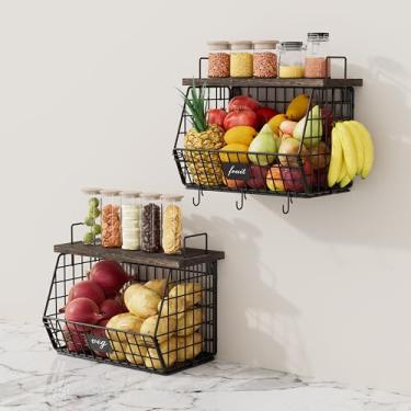 Imagem de Pacote com 2 cestas de frutas penduradas na parede para balcão de cozinha, cesta de arame empilhável para armazenamento de frutas, legumes, batatas e cebolas, suporte de frutas montado na parede com