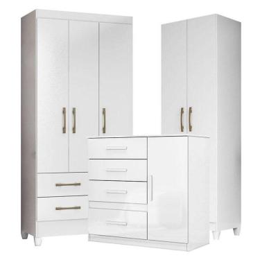 Imagem de Guarda Roupa Infantil Lima Com Cômoda Vênus E Armário Multiuso New íris Branco Brilho - Moval