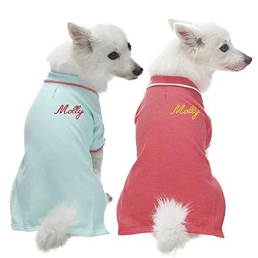 Imagem de Blueberry Pet Pacote de 2 camisetas polo personalizadas personalizadas de volta para cães com nome bordado, azul menta e vermelho terra cota, comprimento das costas 35,5 cm, roupas personalizadas para