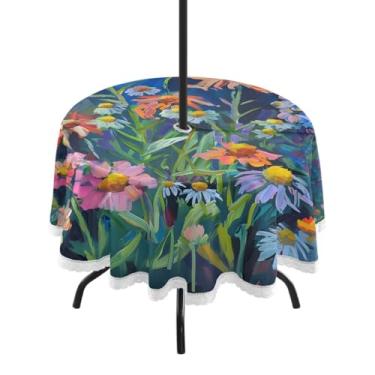 Imagem de CEBUGI Toalha de mesa redonda para uso ao ar livre, flores silvestres, impermeável, com furo Umberlla, capa de mesa lavável para pátio, cozinha, sala de jantar, 152 cm