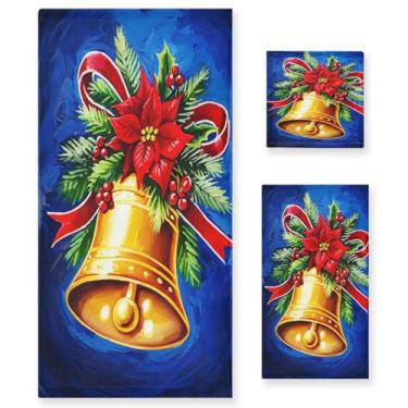 Imagem de Wassud Conjunto de 3 toalhas de banho Golden Christmas Bells, super macias e absorventes para banheiro, toalhas de banho de secagem rápida, toalha de banho para academia, spa, hotel