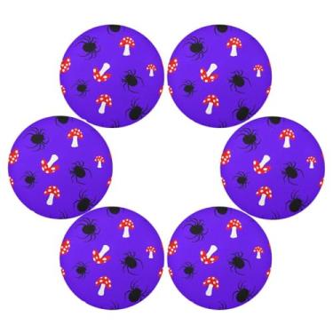 Imagem de Wassud Jogo americano conjunto de 6 tapetes redondos de cogumelos e aranhas pretas para cozinha e jantar tapetes laváveis resistentes ao calor para decoração de mesa 39 cm