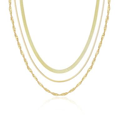 Imagem de Tewiky Colares em camadas para mulheres, não mancham - grosso banhado a ouro 14 k, espinha de peixe, cobra, corda, caixa, corrente de elos cubanos, à prova d'água, em camadas, gargantilha, conjunto de