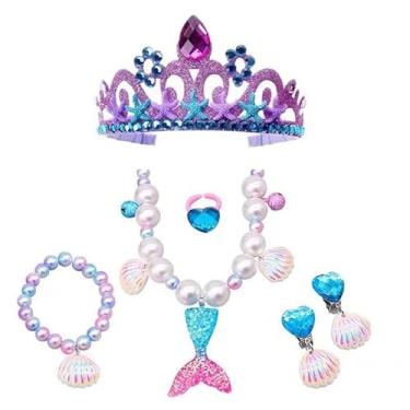Imagem de Conjunto de Jóias Princesa Sereia Infantil Coroa Colar Anel Pulseira Brincos Acessórios para Festas e Apresentações Meninas