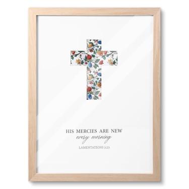 Imagem de Fiwochic Decoração de parede cristã versículo bíblico cruz floral emoldurada arte de parede 30,5 x 40,6 cm moldura de foto de camada dupla decoração de madeira escritura lamentações 3: 23 versículos