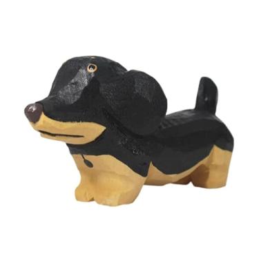Imagem de Fenteer Miniatura de cachorro de madeira esculpida e pintada, escultura única e fofa de um dachshund, peça de decoração colecionável.