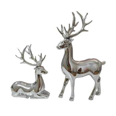 Imagem de MotiveTech Conjunto de 2 estatuetas de renas, esculturas de cervos, ornamentos modernos para mesa, estátuas de casal de alces para lareira, escrivaninha, bar, Prata