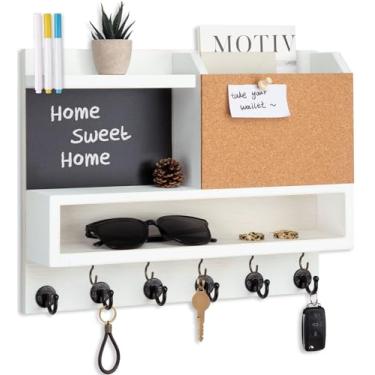 Imagem de Porta-chaves para suporte de parede com organizador de correio, porta-chaves de casa de fazenda para parede com prateleira, quadro-negro e cortiça, organizador de entrada, 11 ganchos de metal, madeira