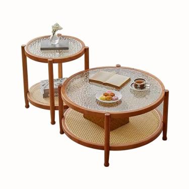 Imagem de Mesas de centro pretas redondas de 80 cm para sala de estar, mesa de centro de vidro de 2 andares, mesa central simples e moderna para espaços pequenos, mesas laterais industriais (B)