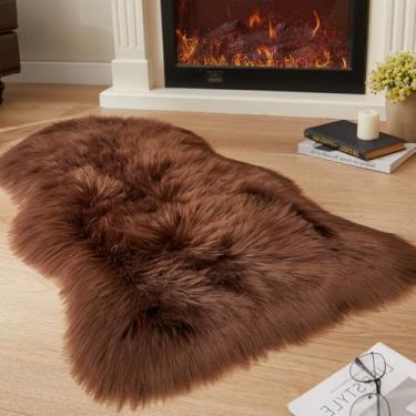 Imagem de EasyJoy Tapete felpudo ultramacio de pele sintética, capa de cadeira, almofada de assento, tapete felpudo para quarto, chão, sofá, sala de estar (6 x 1,2 m, pele de carneiro, café)