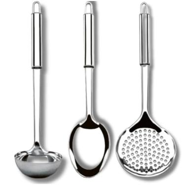 Imagem de Kit 5 Utensílios de Cozinha em Aço Inox Colher De Arroz Concha Escumadeira Pegador de Massa e Garfo(03 PEÇAS)