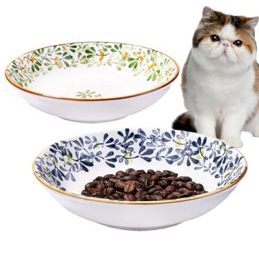 Imagem de Conjunto de pratos de comida de cerâmica para gatos com 2 tigelas de cerâmica para gatos, tigela rasa para comida de gato, pode ser colocada no micro-ondas e na lava-louças (ll)
