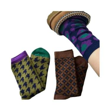 Imagem de Meias Femininas Vintage De Algodão Com Estampa Geométrica, Cano Médio,