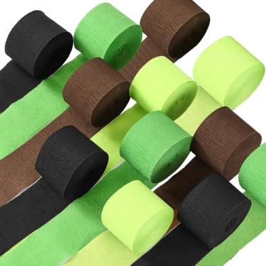 Imagem de Epakh 12 rolos de papel crepe preto/verde/marrom (300 pés) - Decorações de festa com tema pixel, suprimentos de aniversário de videogame, acampamento camuflado na selva de dinossauros, tema natural