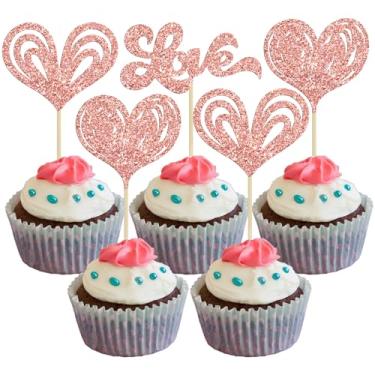 Imagem de Gyufise 24 peças de enfeite de cupcake de coração de amor, glitter, coração doce, feliz dia dos namorados, decoração de cupcake para tema do dia dos namorados, suprimentos de festa de noivado ouro