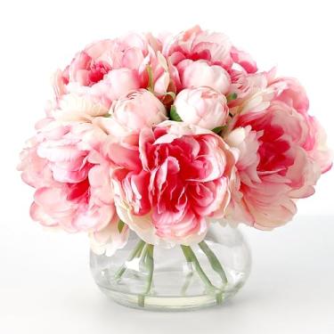 Imagem de homfan Flores artificiais de peônias rosa em vaso, arranjos de flores falsas de seda com vaso de vidro e água sintética para decoração de casa, buquês de casamento, mesas, centros de mesa