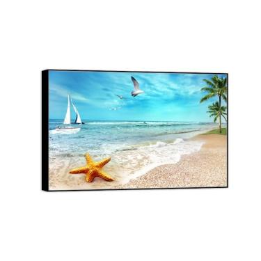 Imagem de Impressão em tela de paisagem de arte de parede com moldura preta - Pássaros de barco de praia marítima - quadros de pintura de decoração para quarto 70 x 105 cm 27 x 41 pol