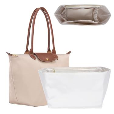 Imagem de Bolsa organizadora para bolsa Longchamp Le Pliage L, bolsa de nylon, leve, luxuosa, longa, divisória, modeladora, com suporte para copos, bolsa com zíper, forro interno com 7 bolsos profundos, G/bege