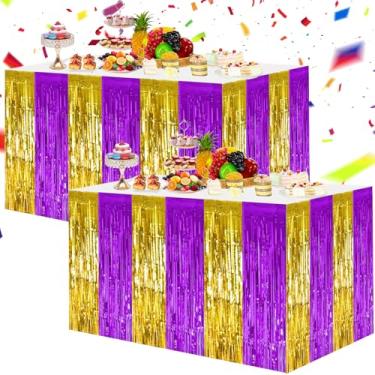 Imagem de BEISHIDA Pacote com 2 saias de mesa douradas roxas, decorações de festa, toalha de mesa retangular com franja metálica para aniversário, formatura, parabéns, artigos de festa de 2026