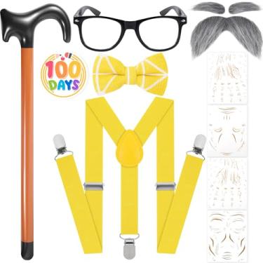 Imagem de Fabllewavi 7 peças fantasia de velho avô, suspensórios, gravata borboleta falsa, óculos, bengala, crachá, tatuagem para cosplay, Amarelo, Standard